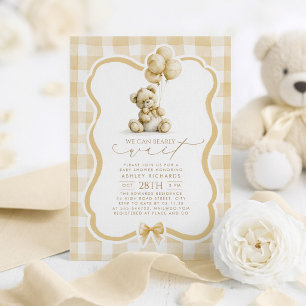 Teddy Bear Elegant Light Brown Gingham Baby Shower Invitation