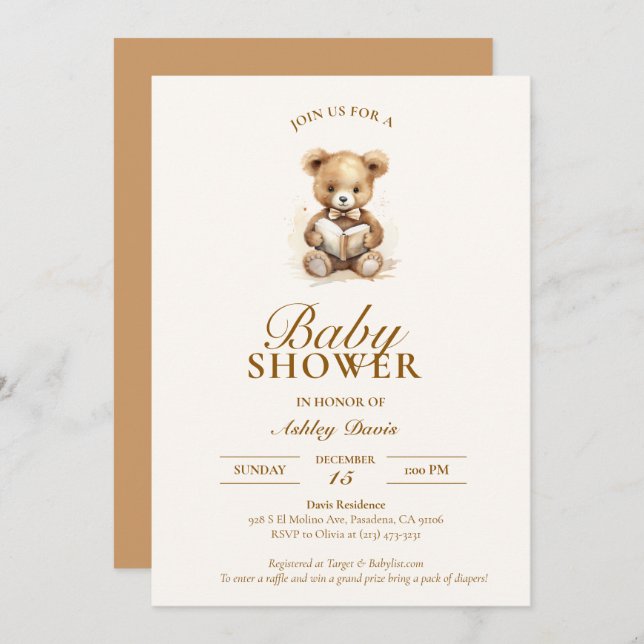 Teddy Bear Elegant Neutral Baby Shower Invitation (Front/Back)