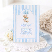 Teddy Bear Elegant Pastel Blue Stripes Baby Shower