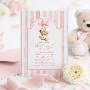 Teddy Bear Elegant Pink Stripes Girl Baby Shower Invitation