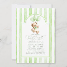 Teddy Bear Elegant Sage Green Stripes Baby Shower