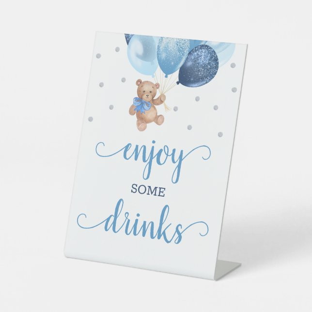 Teddy Bear Enjoy Some Drinks Baby Shower Bar Pedestal Sign (Front)
