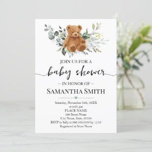 Teddy Bear Eucalyptus Greenery Baby Shower Invitation