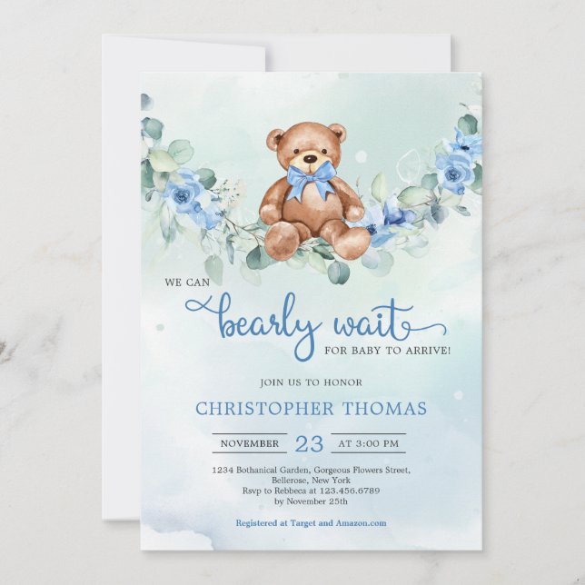Teddy Bear Eucalyptus Wreath Boy Baby Shower Invitation (Front)