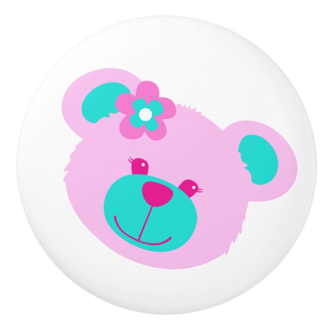 Teddy bear face pink aqua art doorknob ceramic knob (Front)