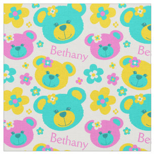 Teddy bear faces pink aqua yellow pattern fabric