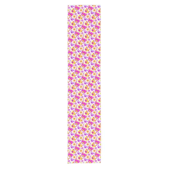 Teddy bear faces pink yellow white table runner (Front)