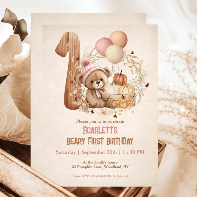 Teddy Bear Fall Pumpkins Girl Beary 1st Birthday  Invitation (Teddy Bear Fall Pumpkins Girl Beary 1st Birthday Invitation)