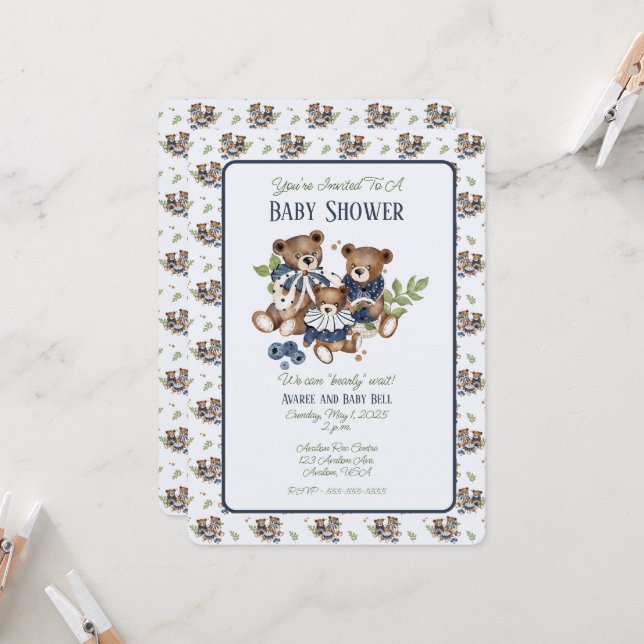 Teddy Bear Family Baby Boy Shower Invitation (Front/Back In Situ)