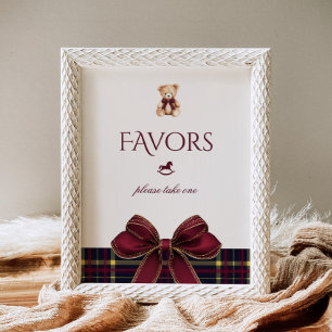 Teddy Bear Favours Red Gold Bow Plaid Poster