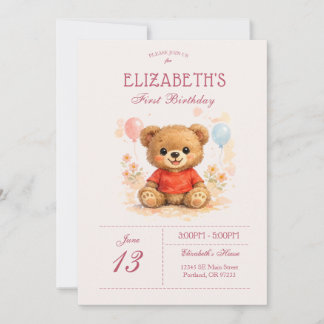 Teddy Bear First Birthday Coral Floral Invitation