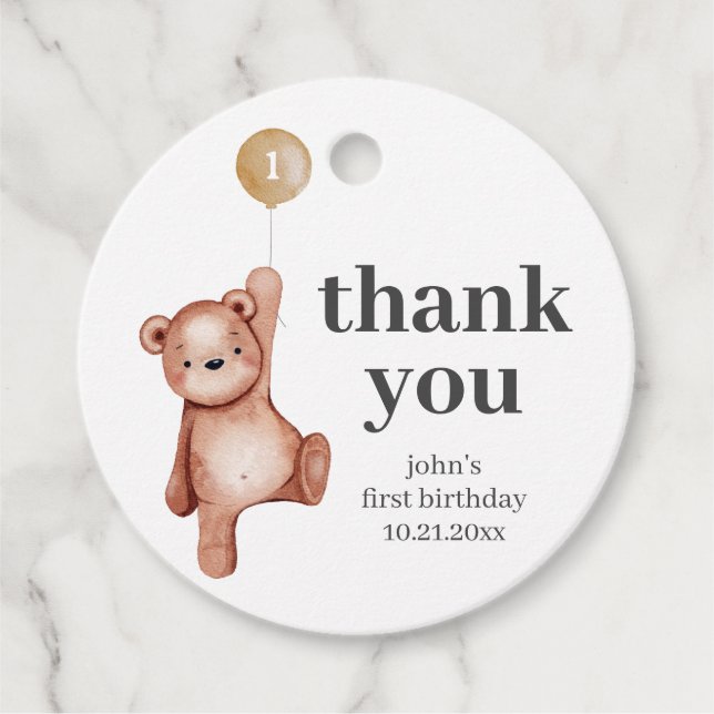 Teddy Bear First Birthday  Favour Tags (Front)