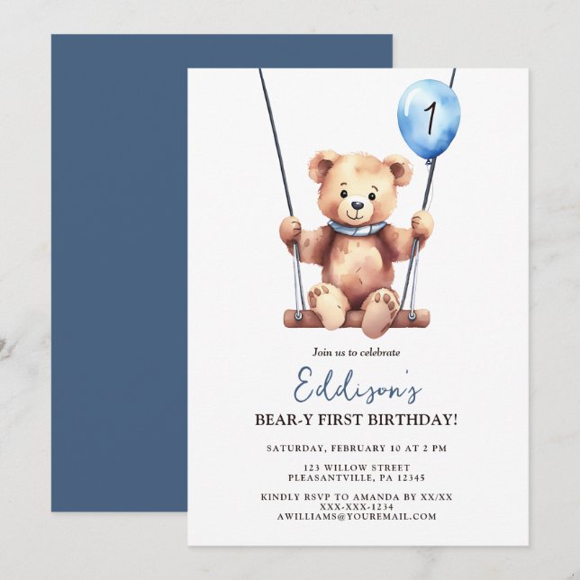 Teddy Bear First Birthday Invitation (Front/Back)