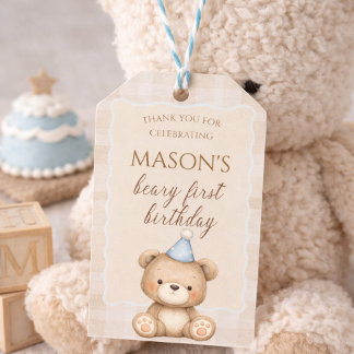 Teddy Bear First Birthday Invitation, Beary First  Gift Tags