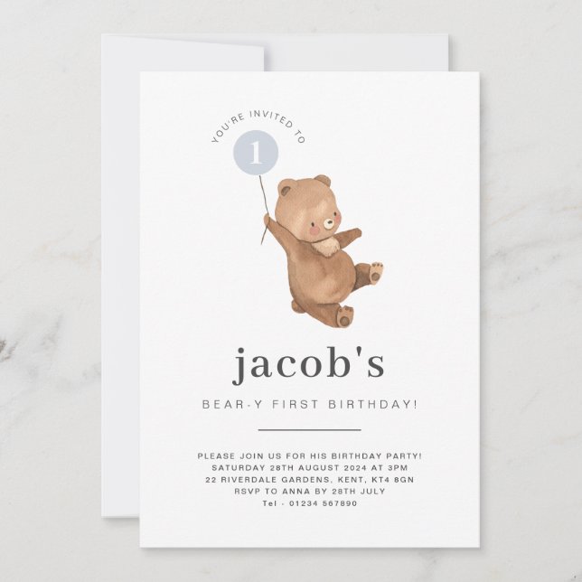 Teddy Bear First Birthday Invitation Bleu Balloon (Devant)