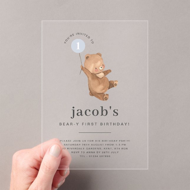 Teddy Bear First Birthday Invitation Blue Balloon (Insitu (Handheld))