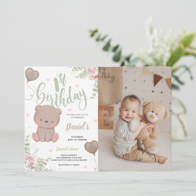 Teddy Bear First Birthday Invitation Photo Card (Standing Front)