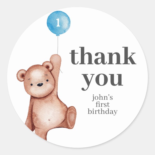 Teddy Bear First Birthday Party Favour Classic Round Sticker (Front)