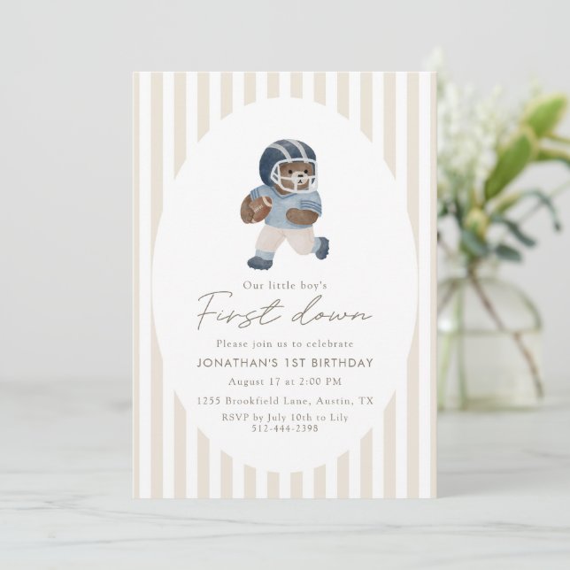 Teddy bear First Down Football First Birthday Invitation (Standing Front)