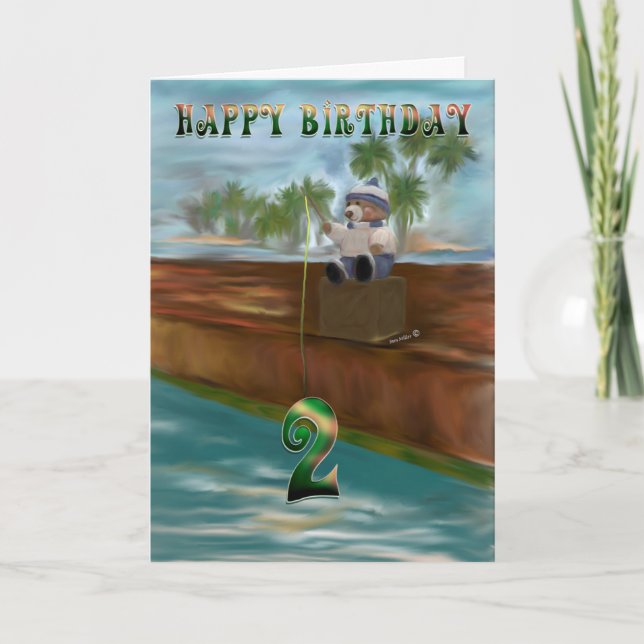 Teddy bear fishing 2nd Birthday Card (Front)