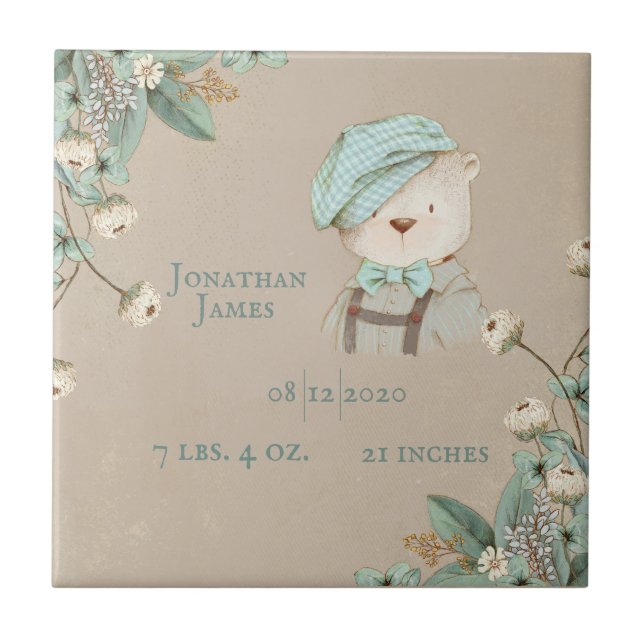 Teddy Bear Floral Name Personalize Birth Stats Tile (Front)