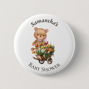 Teddy Bear Floral rustic Pink Baby Shower Button