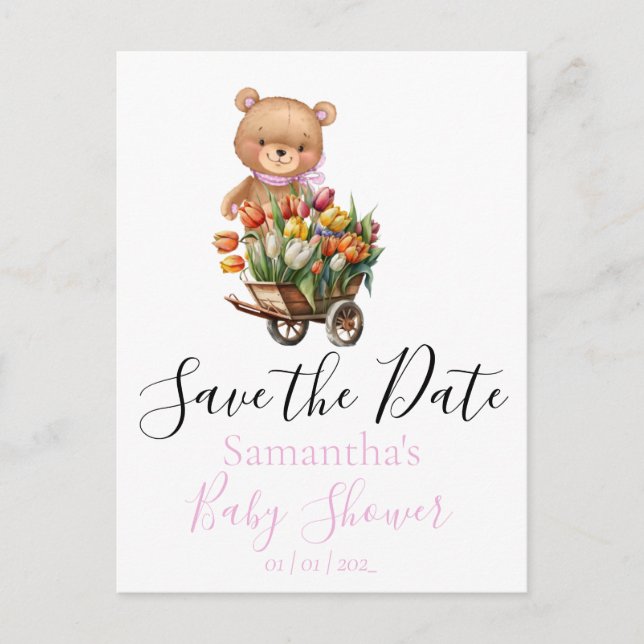 Teddy Bear  Floral Rustic Save the Date Postcard (Front)