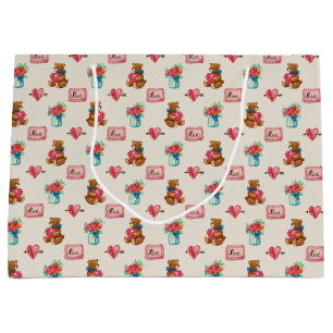 Teddy Bear & Flower Bouquet Patterned Large Gift Bag