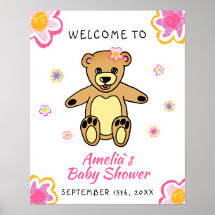 Teddy Bear Flower Floral Baby Shower Welcome Sign