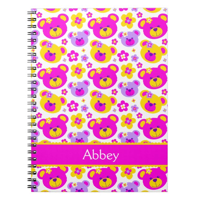 Teddy bear flower pattern girls pink name notebook (Front)