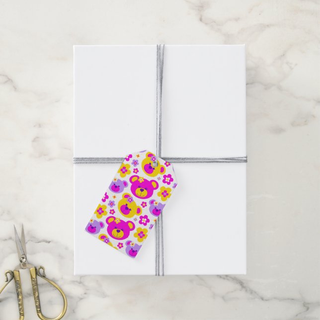 Teddy bear flower pink yellow purple gift tag (With Twine)