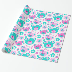 Teddy bear flowers 1st birthday name gift paper