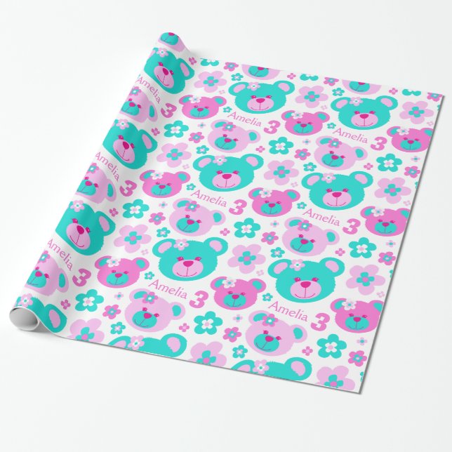 Teddy bear flowers 3rd birthday name gift paper (Unrolled)