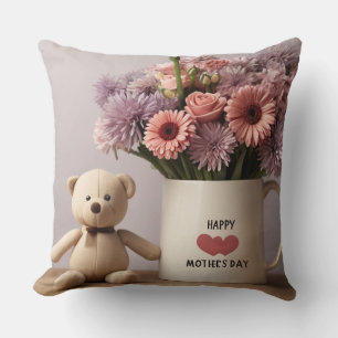 Teddy Bear, Flowers & Coffee Mug Throw Pillow