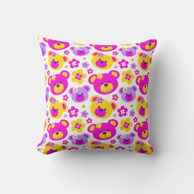 Teddy bear flowers pink girls cushion pillow (Front)
