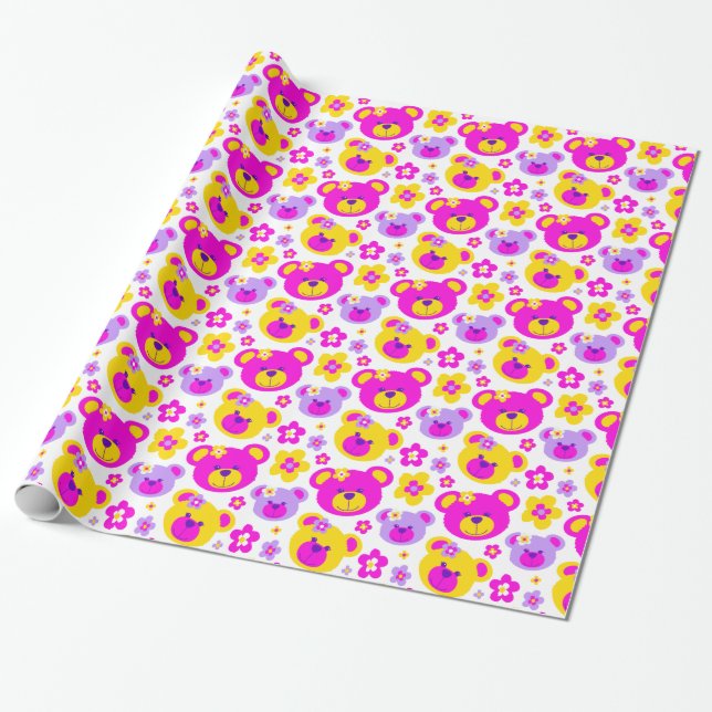 Teddy bear flowers pink yellow girls  gift wrap (Unrolled)