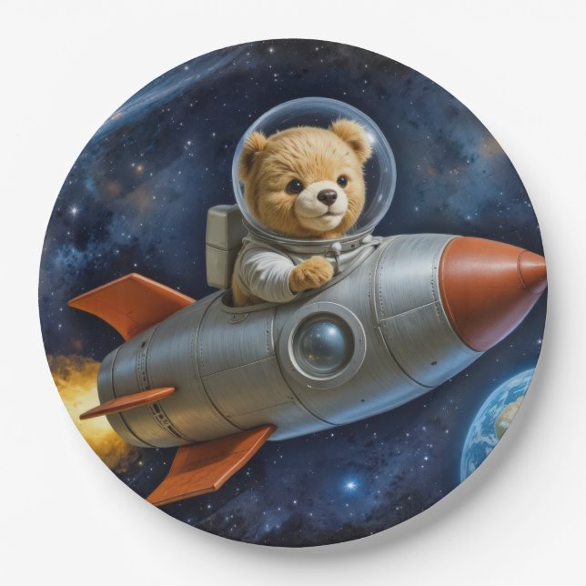 Teddy Bear Flying In a Rocket Ship Paper Plate (Front)