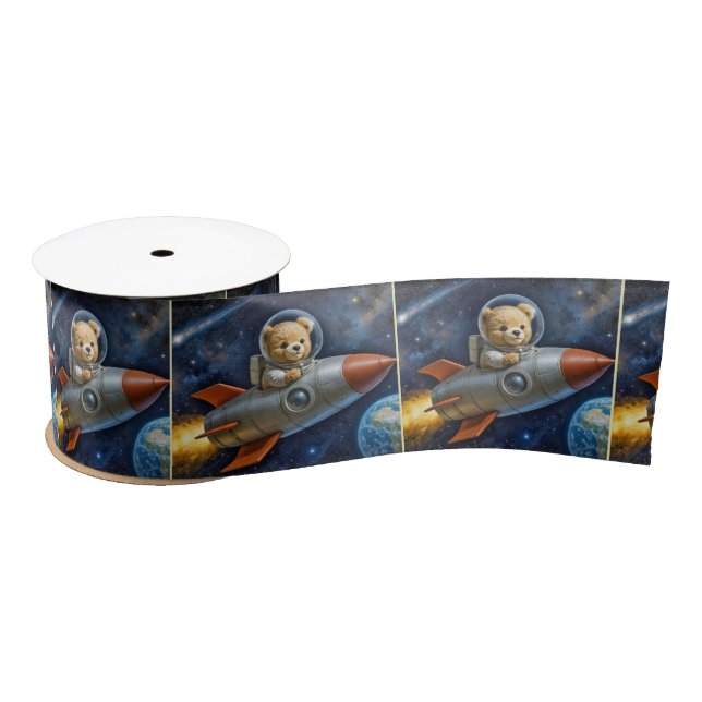 Teddy Bear Flying In a Rocket Ship Satin Ribbon (Spool)