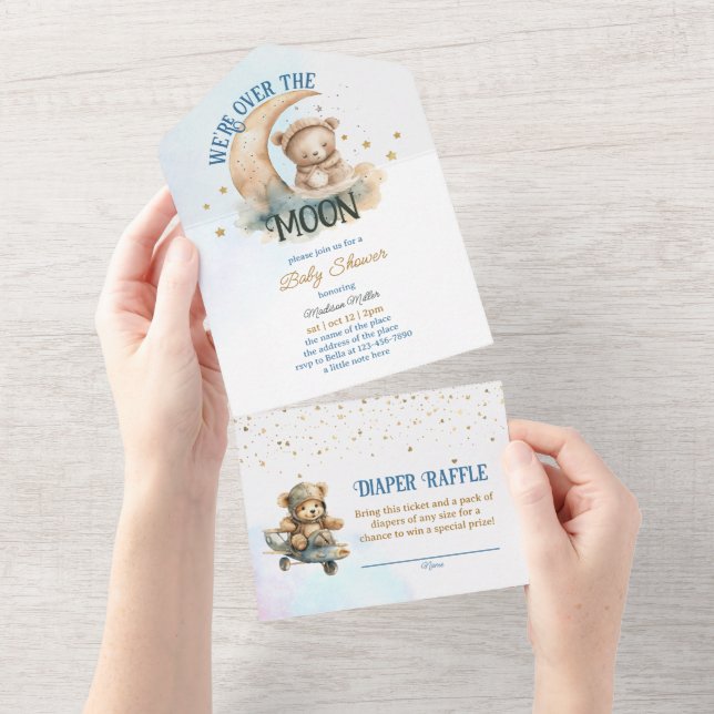 Teddy Bear Flying Over The Moon Boy Baby Shower All In One Invitation (Tearaway)