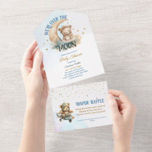 Teddy Bear Flying Over The Moon Boy Baby Shower All In One Invitation