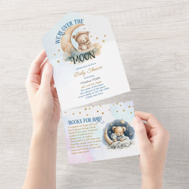 Teddy Bear Flying Over The Moon Boy Baby Shower All In One Invitation (Tearaway)