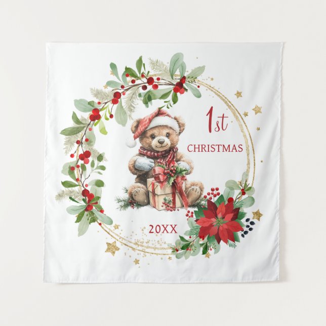 Teddy Bear Foliage Poinsettia Baby 1st Christmas Tapestry (Front)