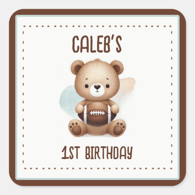 Teddy Bear Football Watercolor 1st Birthday Party Square Sticker (Front)