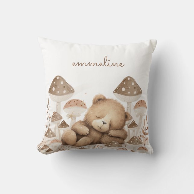Teddy Bear Forest Mushrooms Nursery Throw Pillow (Front)