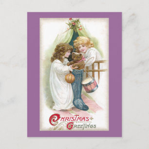 Teddy Bear Found in Stocking Vintage Christmas Holiday Postcard