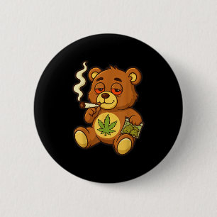 Teddy Bear Funny Weed Smoking Bear With Joint Leaf 2 Inch Round Button