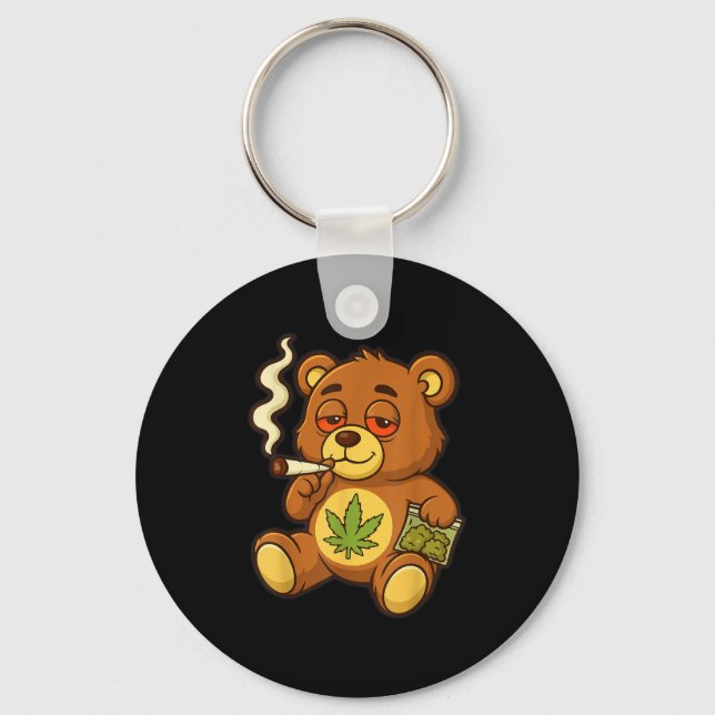 Teddy Bear Funny Weed Smoking Bear With Joint Leaf Keychain (Front)