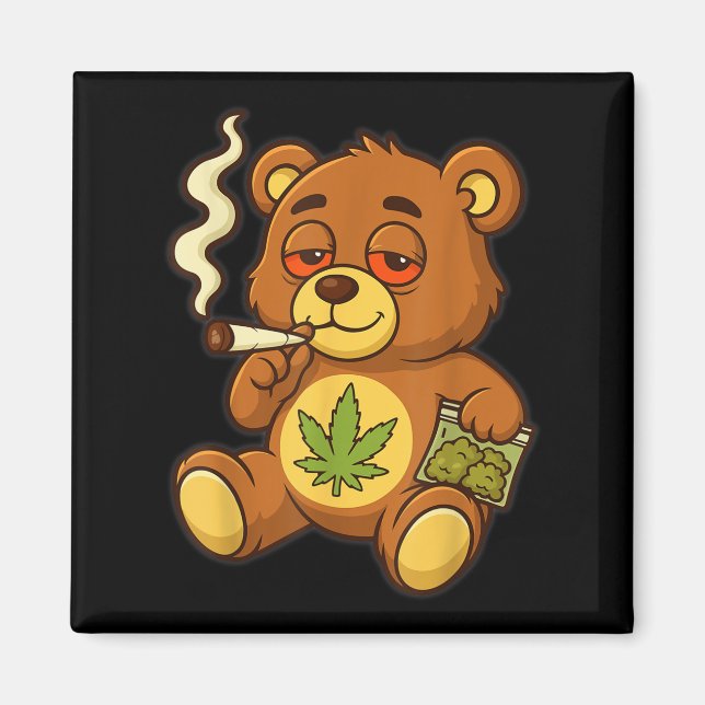 Teddy Bear Funny Weed Smoking Bear With Joint Leaf Magnet (Front)