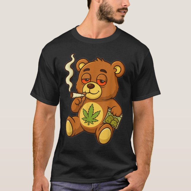 Teddy Bear Funny Weed Smoking Bear With Joint Leaf T-Shirt (Front)