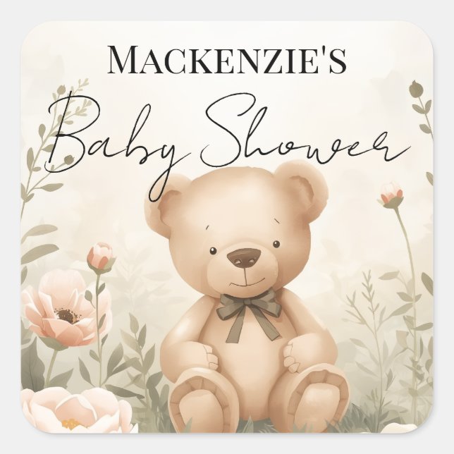 Teddy Bear Garden Custom Name Baby Shower Square Sticker (Front)